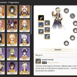 [UE] AR 55 ⭐ 36 personagens (7 Lendários) ✨ Bennett + Xiangling + yoimiya + Aquila Favonia + Espada ✅ Sacrificial full acesso ✅ 0